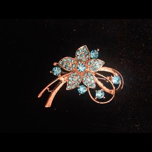 Blue Rhinestone floral gold broach pin